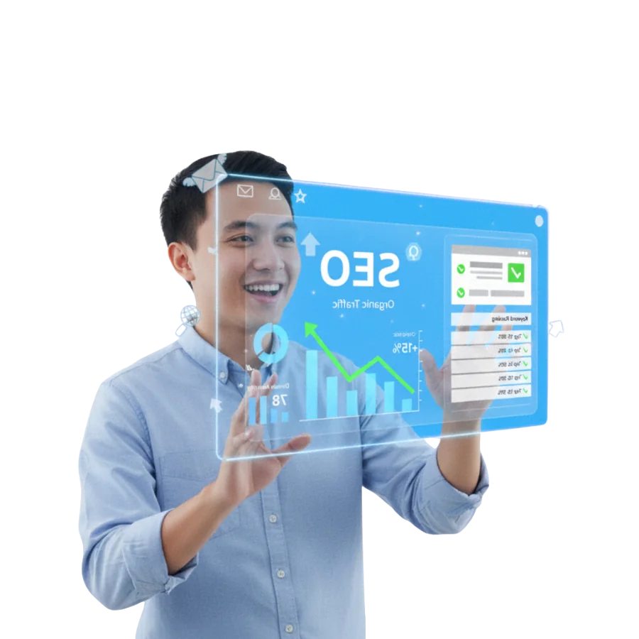 Dashboard SEO dengan grafik ranking keyword, traffic growth, dan posisi di SERP Google