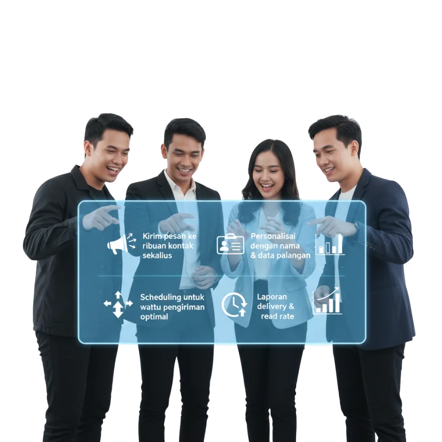 Interface WhatsApp blast dengan contact list, message composer, dan delivery statistics