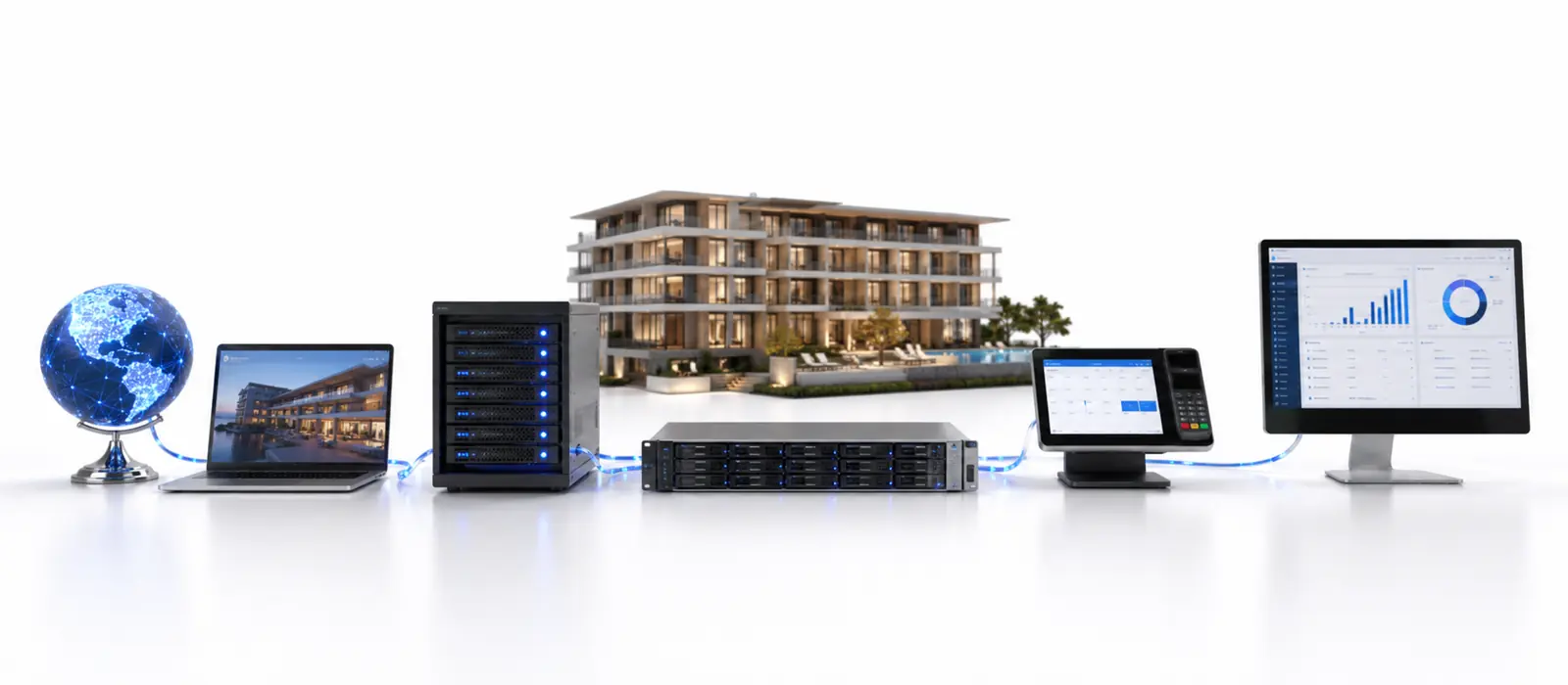 Diagram arsitektur 5 pilar Private Digital System: Domain, Server, Database, Booking Engine, PMS