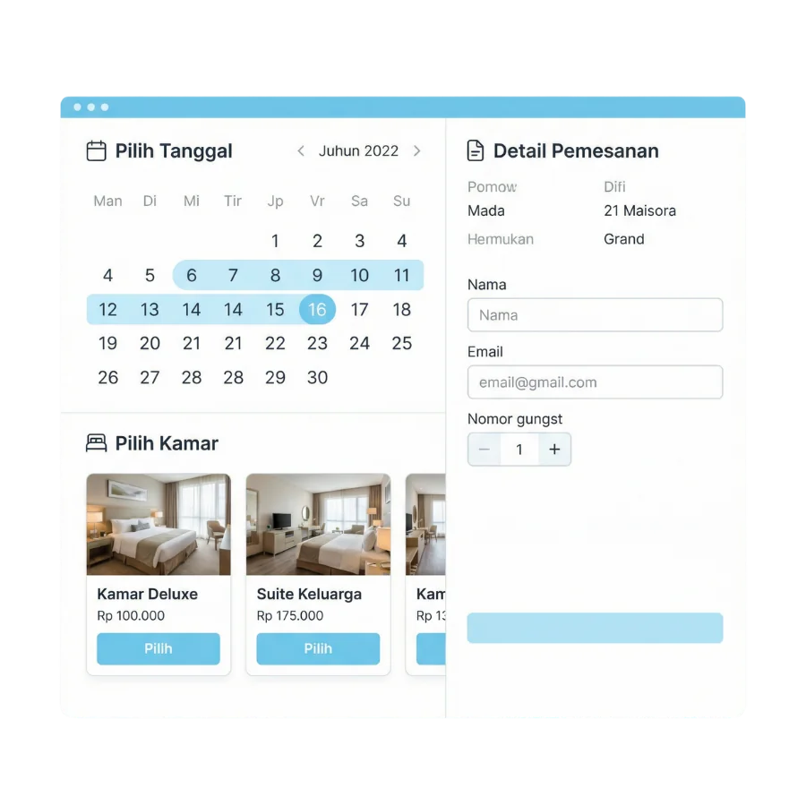 Screenshot tampilan booking engine dengan calendar picker, pilihan kamar, dan form reservasi