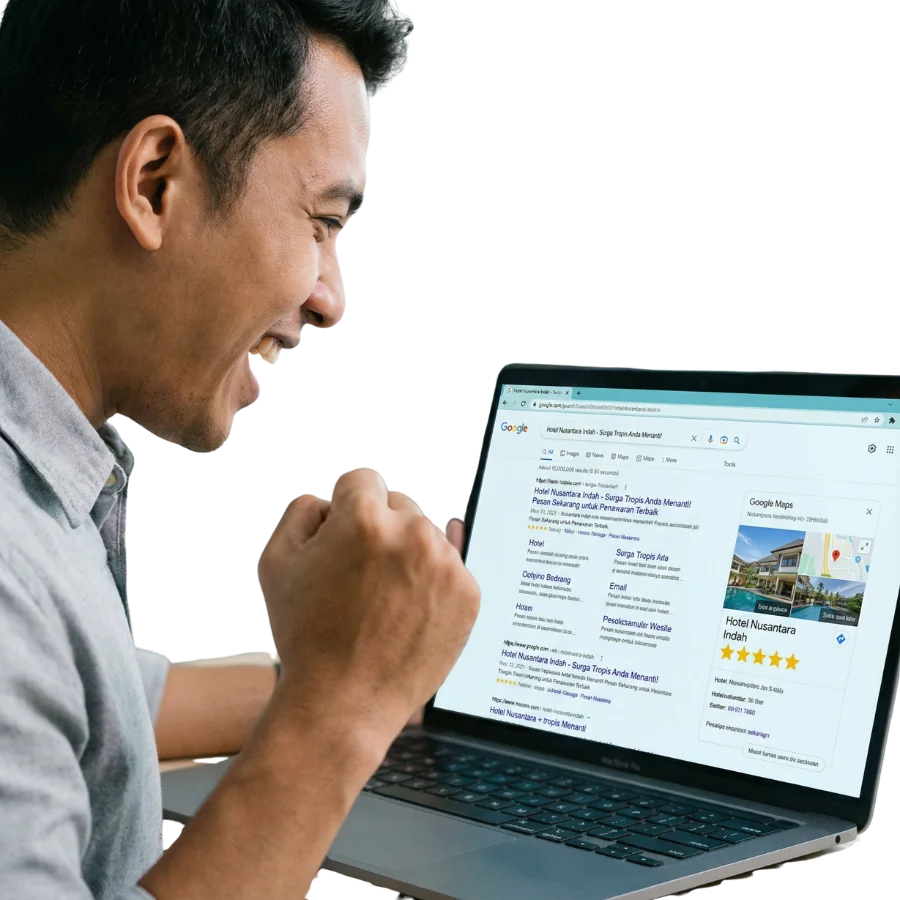 Visualisasi hasil pencarian Google dengan hotel muncul di posisi teratas dan Google Maps listing